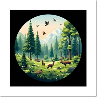 Spring Forest Low Poly Deer and Birds Posters and Art